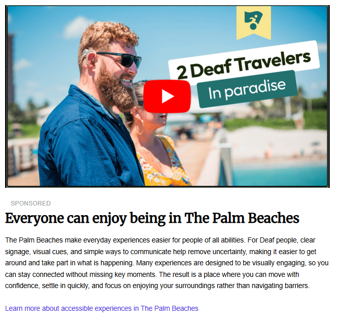 Travel article about The Palm Beaches featuring a video thumbnail of two Deaf travelers smiling outdoors, titled "Everyone can enjoy being in The Palm Beaches."