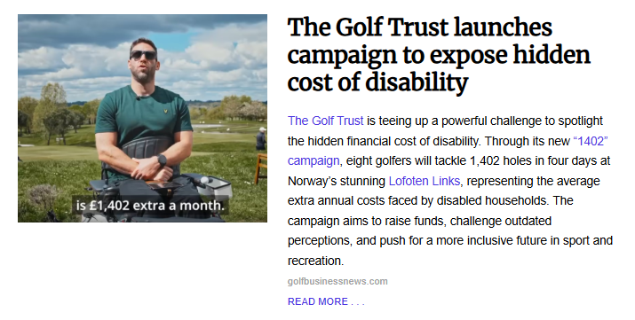 Campaign news snippet featuring a man in a wheelchair on a golf course, with the headline "The Golf Trust launches campaign to expose hidden cost of disability."