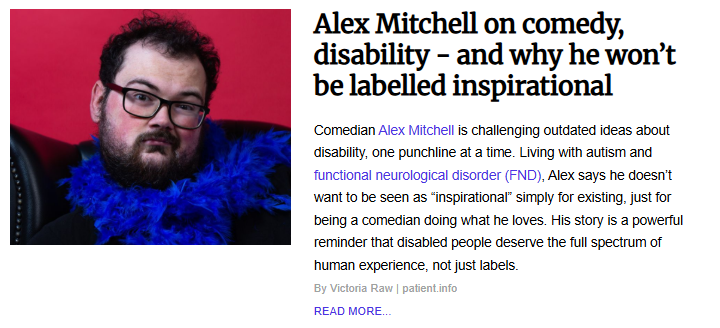 Article feature on comedian Alex Mitchell wearing a blue feather boa against a red background, titled "Alex Mitchell on comedy, disability – and why he won’t be labelled inspirational."