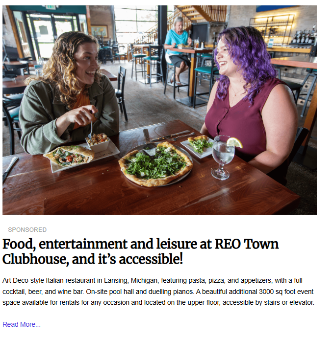 An article with an image featuring two women smiling and sharing a meal at a restaurant table, titled "Food, entertainment and leisure at REO Town Clubhouse, and it’s accessible!"