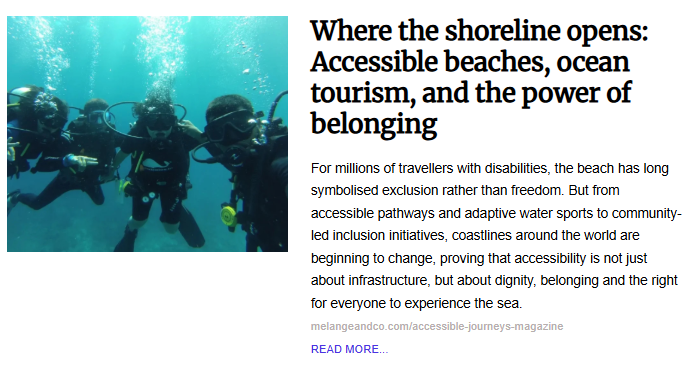 Article preview showing four scuba divers underwater with the headline "Where the shoreline opens: Accessible beaches, ocean tourism, and the power of belonging."