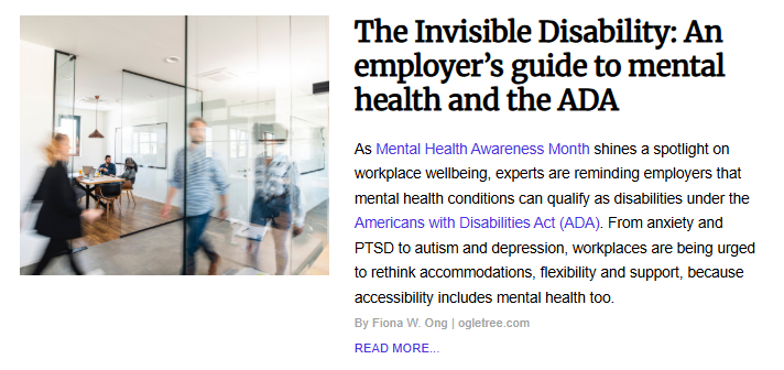 Article introduction with a blurred motion shot of people walking through a modern office glass-walled hallway, titled "The Invisible Disability: An employer’s guide to mental health and the ADA."