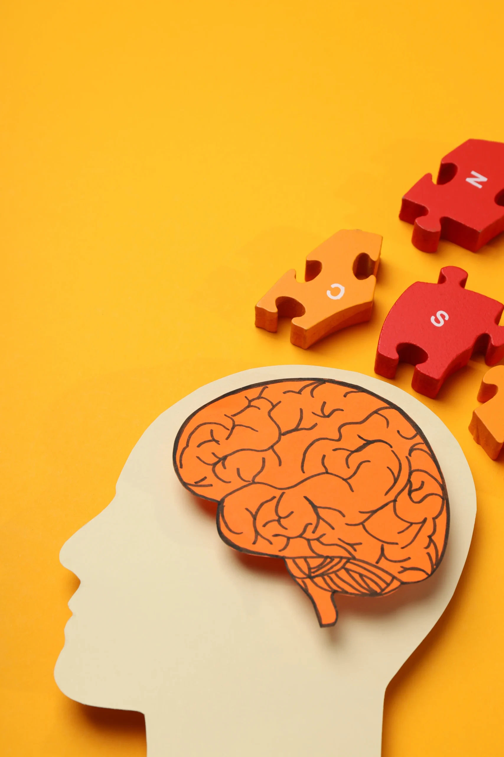 A paper cutout of a human head silhouette with an orange brain illustration inside, surrounded by colorful red and orange puzzle pieces on a bright yellow background.