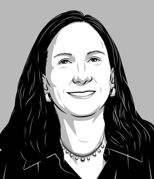 A black and white line art illustration of a smiling woman with long dark hair, wearing a necklace and small earrings against a solid gray background.