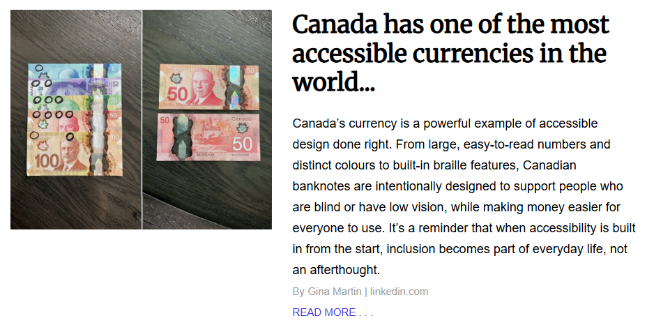 A side-by-side comparison of colorful Canadian banknotes highlighting tactile braille features and large, high-contrast numbers for accessibility.