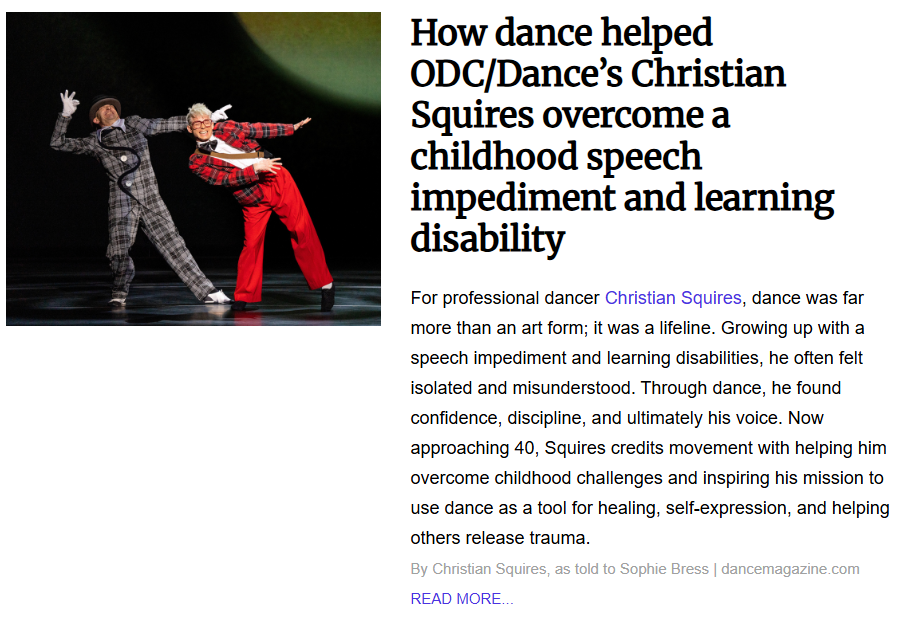 Professional dancer Christian Squires in a red and black plaid suit with bright red pants, performing an expressive dance pose on stage alongside another dancer.