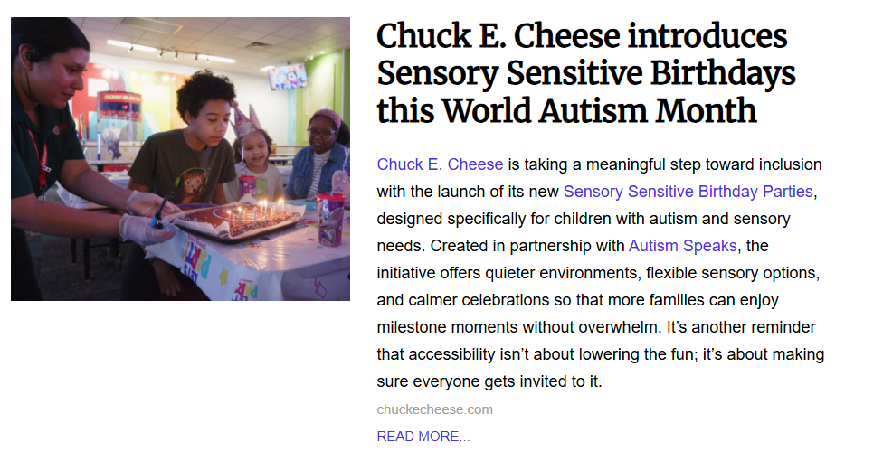 A Chuck E. Cheese employee serves a birthday cake with lit candles to a young boy and a little girl wearing a birthday hat at a sensory-sensitive birthday party.
