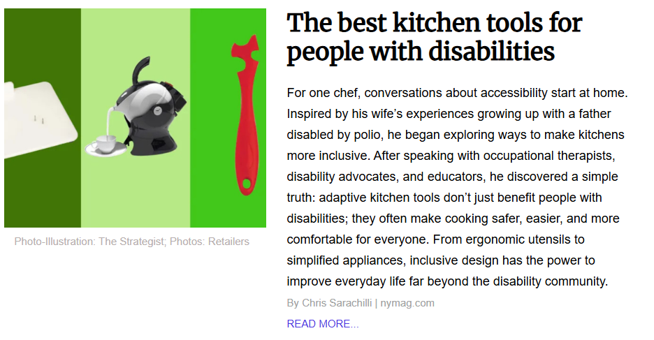 A photo illustration showing three adaptive kitchen tools on a green background, including a white cutting board with stability pins, an automatic tilting kettle pouring water into a teacup, and an ergonomic red multi-use bottle opener.