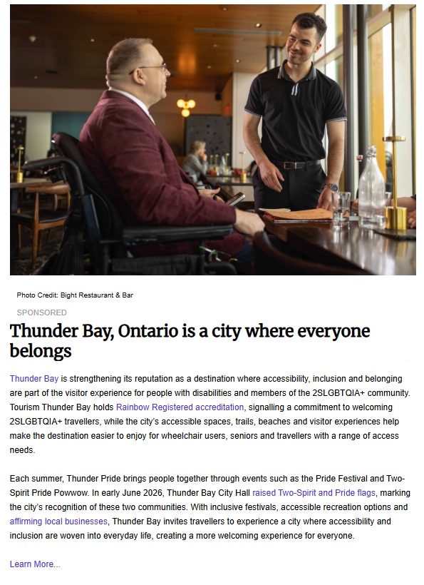 A restaurant server smiles while speaking with a diner using a power wheelchair at a table inside a modern restaurant. The accessible, welcoming interaction reflects inclusive customer service and hospitality in Thunder Bay, Ontario. The screenshot also shows a sponsored article promoting the city's commitment to accessibility, inclusion and belonging for visitors with disabilities and members of the 2SLGBTQIA+ community.