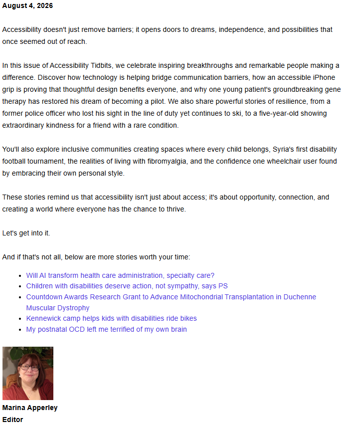 Image titled "Accessibility Tidbits Newsletter - August 4, 2026" displaying a headshot of Marina Apperley, Editor, a woman with dark hair and glasses wearing a red top, set against a warm indoor background.
