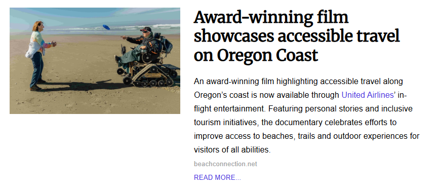 Image titled "Award-winning film showcases accessible travel on Oregon Coast" showing a person using an all-terrain, tracked wheelchair playing frisbee with another person standing nearby on a sandy beach along the coast.