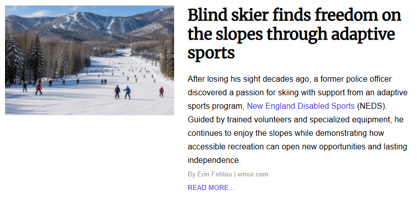 Image titled "Blind skier finds freedom on the slopes through adaptive sports" showing a wide view of a crowded, snow-covered ski slope surrounded by evergreen trees and mountains, with multiple people skiing down the hill.