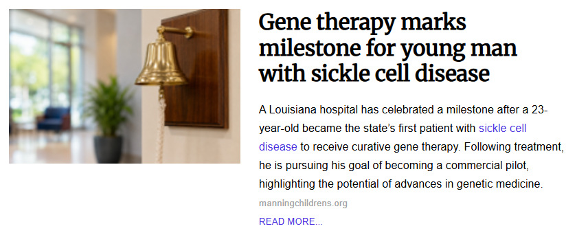 Image titled "Gene therapy marks milestone for young man with sickle cell disease" featuring a close-up of a brass bell mounted on a dark wooden plaque on a wall, with a soft-focused hospital or clinic lobby in the background.