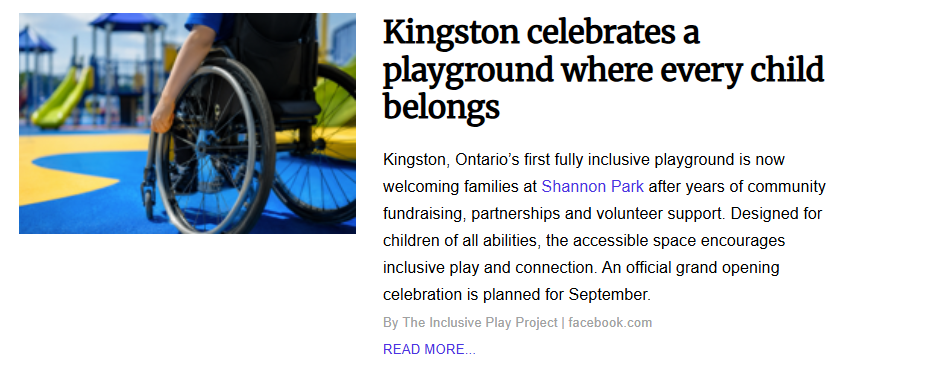 Image titled "Kingston celebrates a playground where every child belongs" showing a close-up of a person in a wheelchair positioned on a brightly colored yellow and blue rubberized playground surface, with park playsets in the background.
