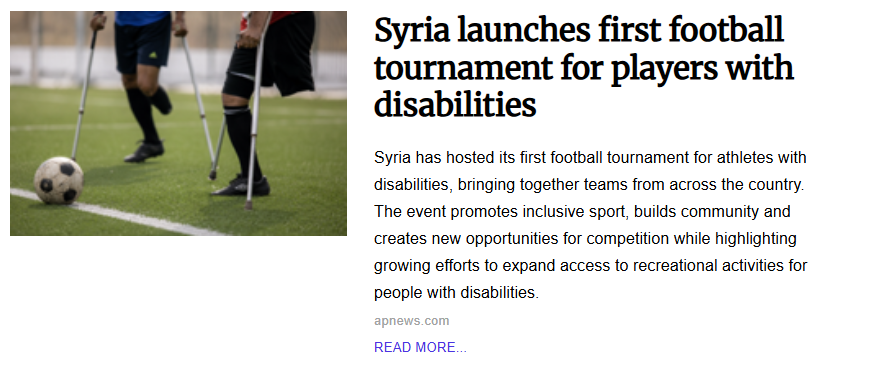Image titled "Syria launches first football tournament for players with disabilities" depicting a low-angle shot of athletes using crutches playing soccer on an outdoor turf field with a soccer ball near their feet.