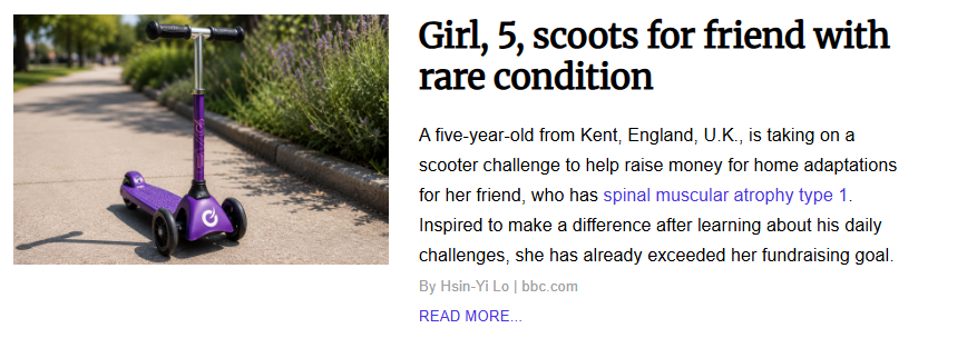 Image titled "Girl, 5, scoots for friend with rare condition" showing a bright purple three-wheeled kick scooter standing upright on a paved park pathway next to a bed of lavender.