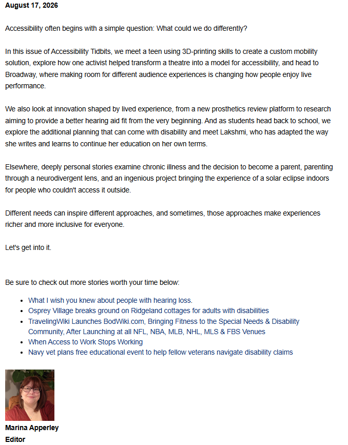 Headshot of Marina Apperley, Editor, wearing glasses and a burgundy top against a warm background. The image is part of the article titled "Accessibility Tidbits."