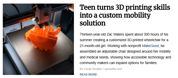 Close-up of a 3D printer actively fabricating a bright orange plastic component on a print bed. The image is featured with the article titled "Teen turns 3D printing skills into a custom mobility solution."