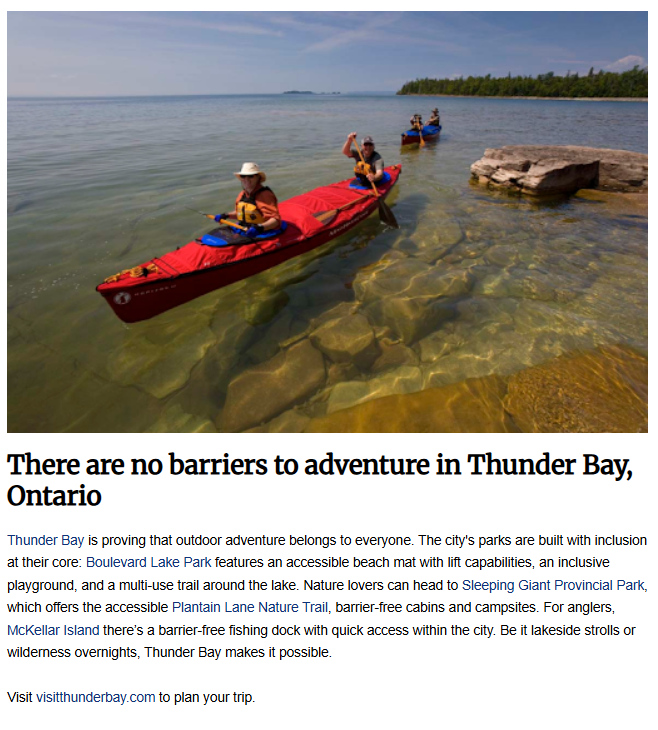Kayakers paddling red kayaks across clear, calm, shallow water over a rocky lakebed in Thunder Bay, Ontario. The image is paired with the article titled "There are no barriers to adventure in Thunder Bay, Ontario."