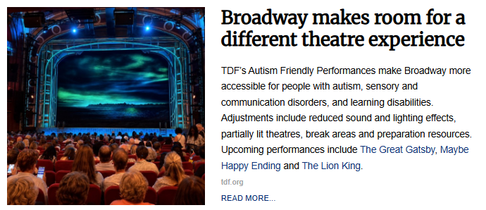View from the audience seating area looking toward a brightly lit, illuminated stage inside a packed theatre. The image accompanies the article titled "Broadway makes room for a different theatre experience."