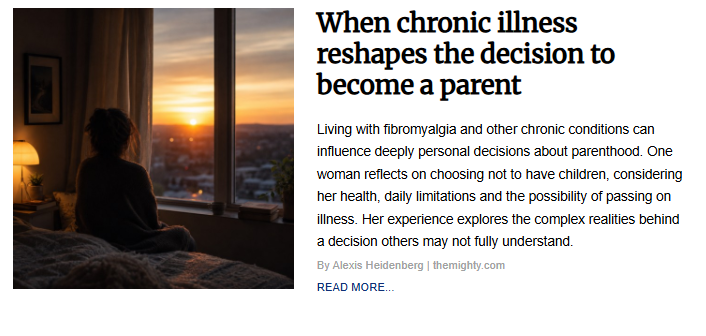 Silhouette of a person sitting indoors near a window looking out at a city skyline during sunset. The image accompanies the article titled "When chronic illness reshapes the decision to become a parent."