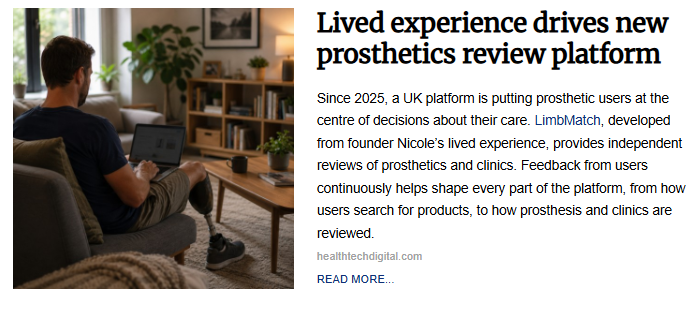 Side view of a man sitting on a couch working on a laptop, with his prosthetic leg visible below the knee. The image is paired with the article titled "Lived experience drives new prosthetics review platform."