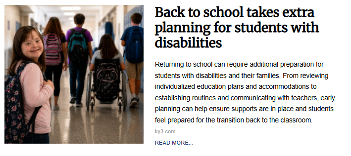Students walking down a school hallway, including a young girl smiling in the foreground and a student using a wheelchair. The image is featured with the article titled "Back to school takes extra planning for students with disabilities."