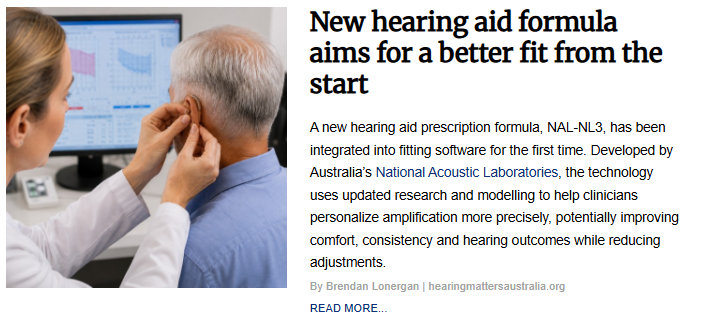 A practitioner fitting a beige hearing aid behind a patient's ear while sitting in front of a computer screen showing audiogram data. The image accompanies the article titled "New hearing aid formula aims for a better fit from the start."