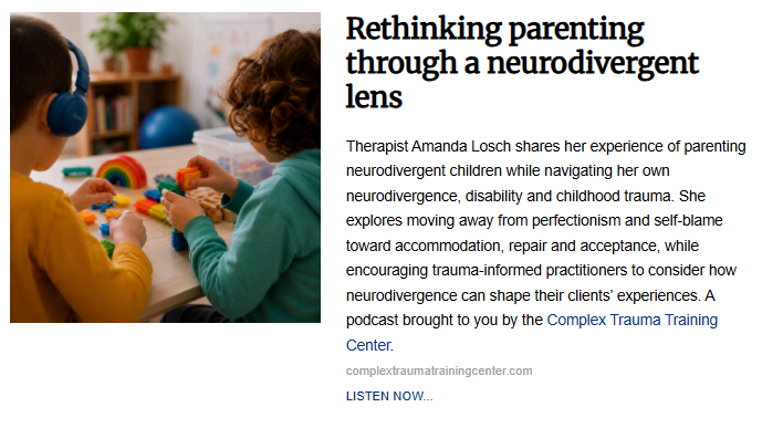 Two young children sitting at a table playing with colorful building blocks, with one child wearing blue headphones. The image is paired with the article titled "Rethinking parenting through a neurodivergent lens."