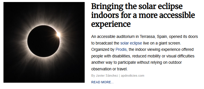 Total solar eclipse with a bright diamond ring effect appearing at the edge of the dark moon against a dark background. The image accompanies the article titled "Bringing the solar eclipse indoors for a more accessible experience."