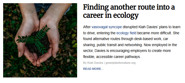 Two hands cupping soil with a small, green fern plant growing in the center, set against a dark leafy background. The title, "Finding another route into a career in ecology," accompanies an article summary about flexible career pathways in the environmental sector.