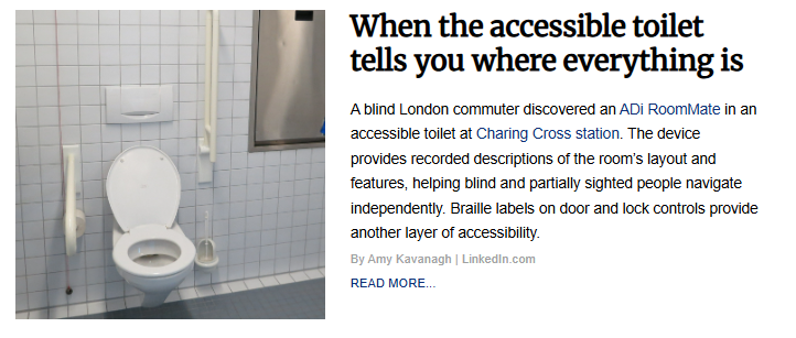 An accessible restroom featuring a white toilet with grab bars on either side, white tiled walls, a red emergency pull cord, and dark floor tiles. The title, "When the accessible toilet tells you where everything is," appears alongside text describing audio-described bathroom layouts for blind and partially sighted travelers.