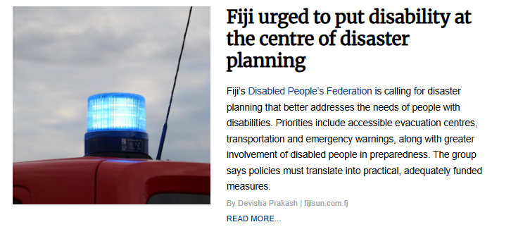 A close-up of a blue emergency siren light mounted on top of a red vehicle against an overcast sky. The image includes the headline "Fiji urged to put disability at the centre of disaster planning" next to article text about disability-inclusive emergency preparedness.