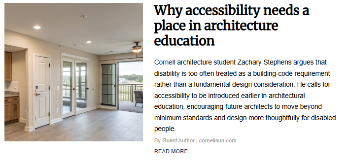 An image accompanying the article "Why accessibility needs a place in architecture education," featuring an open-concept indoor living area with light-colored flooring, wide doorways, and large glass patio doors opening to an outdoor deck.