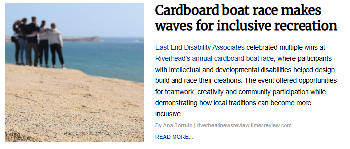 An image accompanying the article "Cardboard boat race makes waves for inclusive recreation," showing a group of people standing arm-in-arm on a sandy shoreline, looking out toward the ocean.