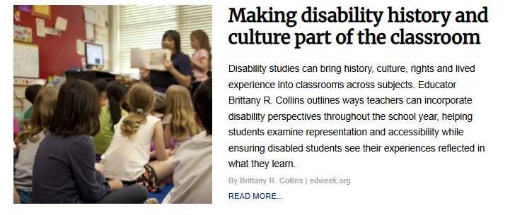 An image accompanying the article "Making disability history and culture part of the classroom," showing a group of young students sitting on a classroom rug, listening to a teacher read a book aloud.