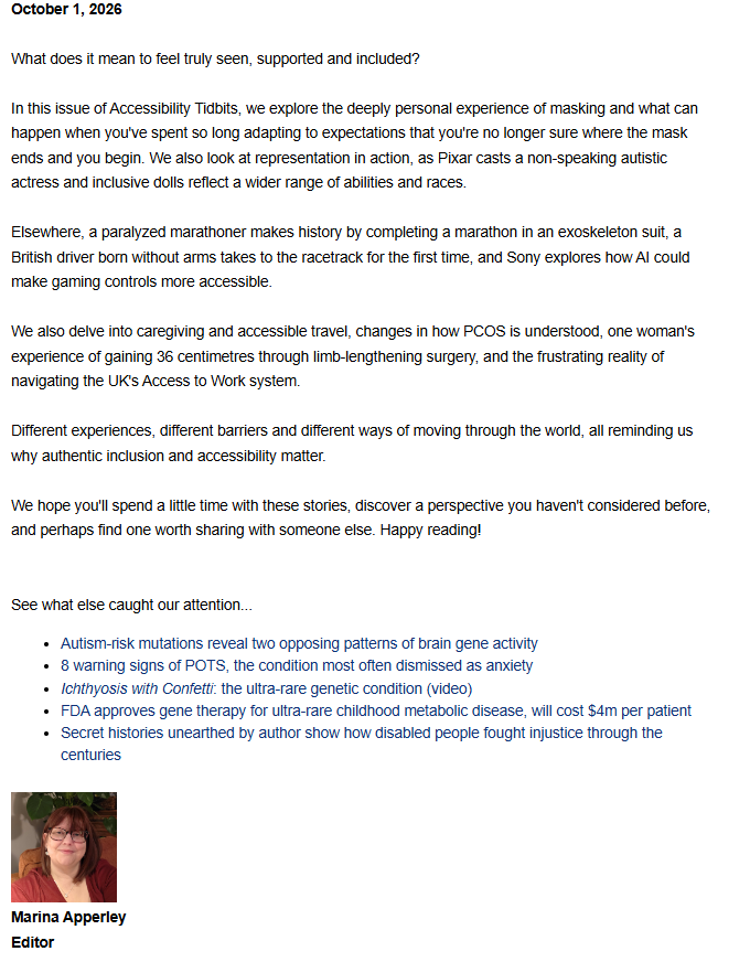 A newsletter page titled "Accessibility Tidbits" dated October 1, 2026, containing introductory text about disability and inclusion stories, a list of related links, and a headshot of editor Marina Apperley in the bottom-left corner.