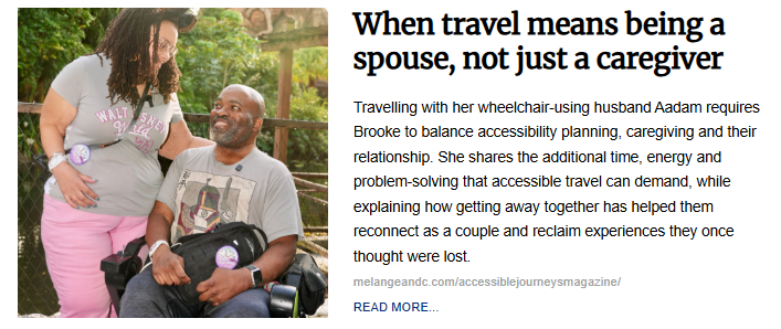 An article preview featuring a smiling couple outdoors—a woman standing next to a man using a wheelchair—accompanied by the headline, "When travel means being a spouse, not just a caregiver."