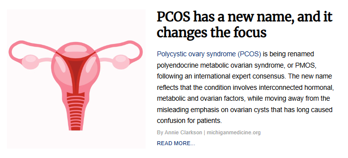 An article preview featuring a stylized pink illustration of the female reproductive system next to the headline, "PCOS has a new name, and it changes the focus."