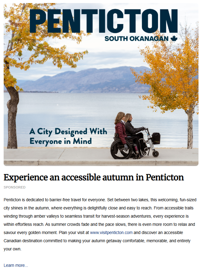 Two people using mobility devices side by side along a paved waterfront path framed by autumn trees.
